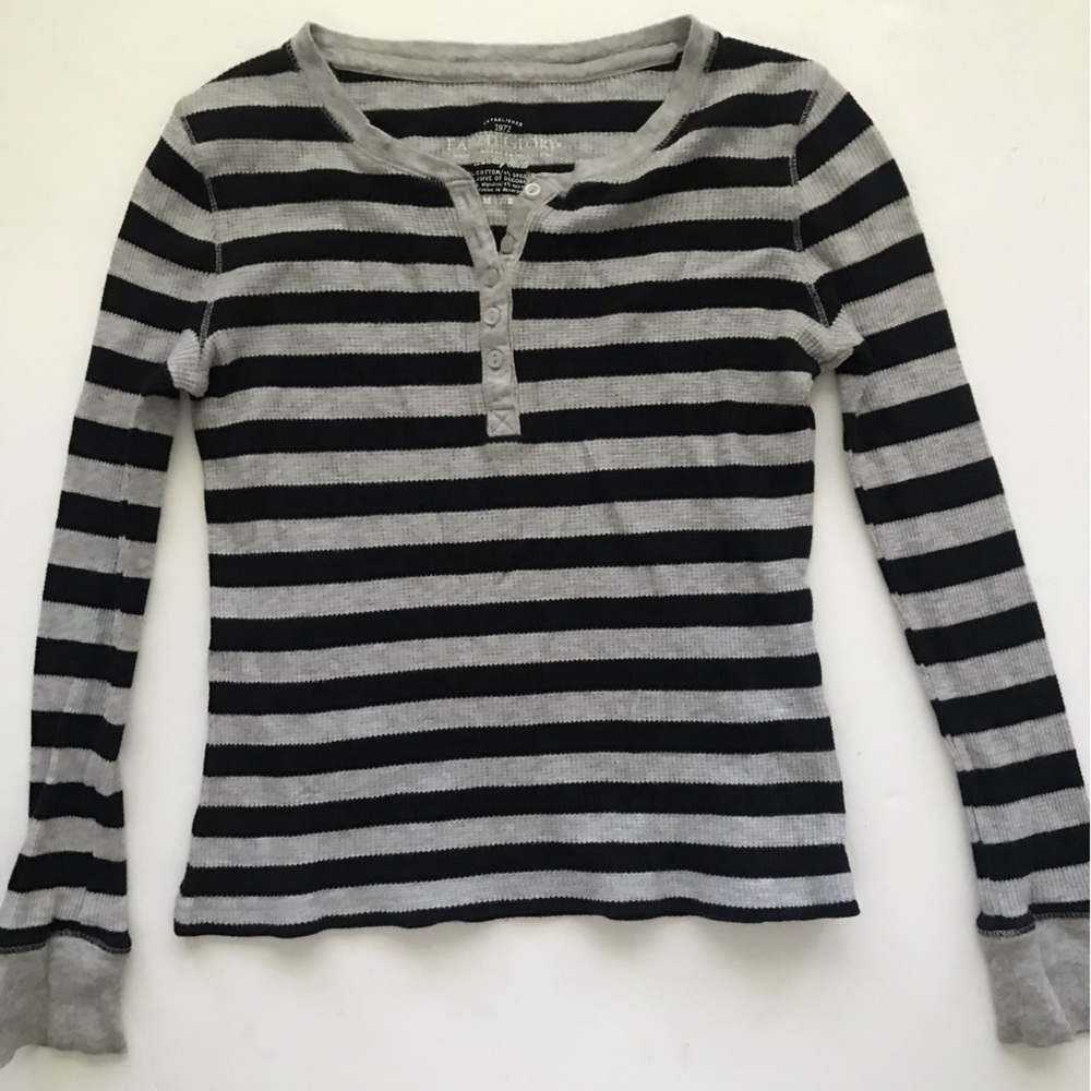 Faded Glory Black & Gray Striped Long-Sleeve Henley